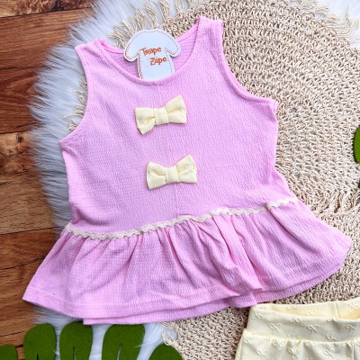  Conj. Blusa Anarruga Dois Laços e Short - Rosa e Amarelo